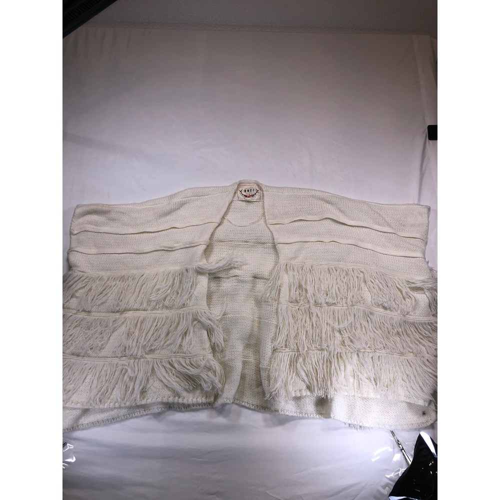 BNCI Boundless North Ivory Fringe Knit Poncho Cardigan Cream Boho Open Front OS